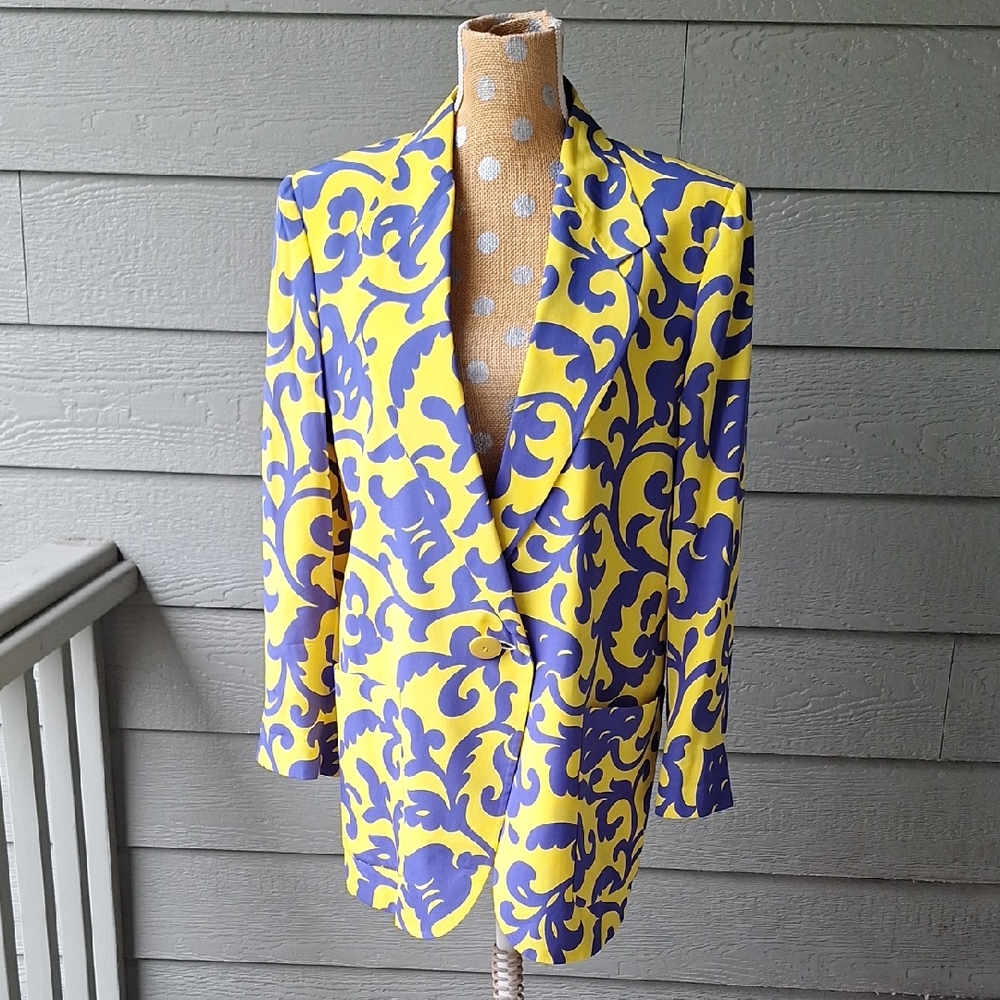 Designer Baroque Floral Silk Blazer With Strong Shoulders Size US 12